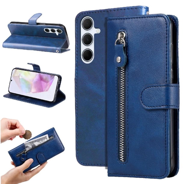 Funda tipo cartera para Samsung Galaxy A56 5G con bolsillo con cremallera y ranuras para tarjetas – Función de soporte Azul