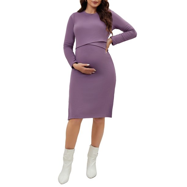 INSPIRE CHIC Vestido de Maternidad para Mujeres Manga Larga Cuello Redondo Suave Bodycon Midi Vestido de Embarazo L Púrpura