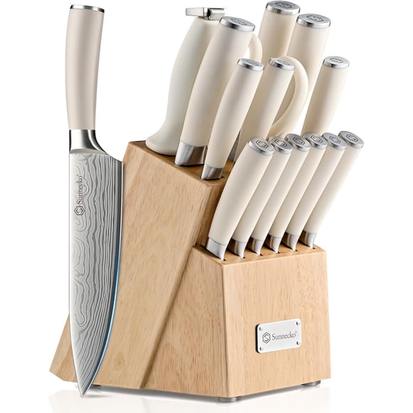 Sunnecko 15 Piece Kitchen Knife Set with Block and Sharpener