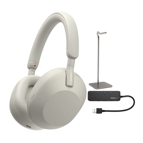 Auriculares Inalámbricos Supraaurales Con Cancelación De Ruido Sony Wh-1000Xm5 (Plateados), Concentrador Usb 3.0 De 4 Puertos Knox Gear Y Soporte De Aleación (3 Unidades)