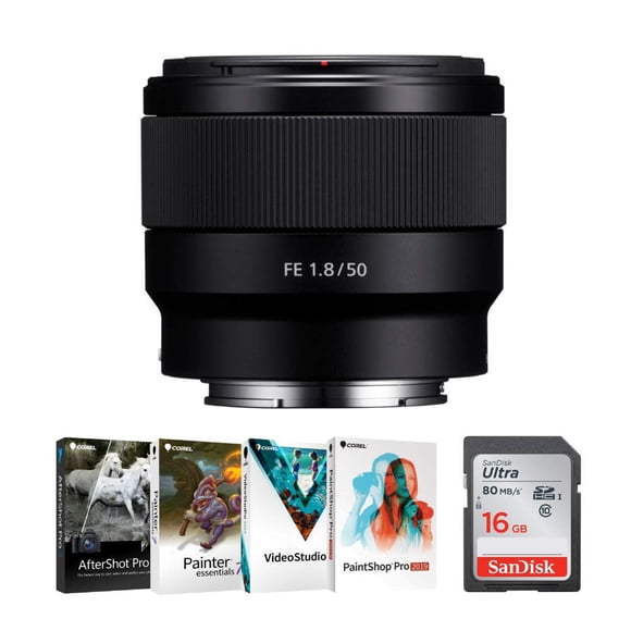 Lente Sony FE 50 mm f/1.8 (SEL50F18/F) con tarjeta SD de 16 GB de fotograma completo