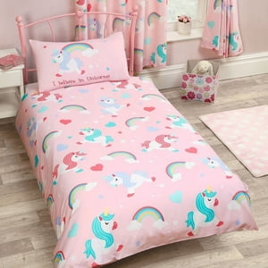 Milsleep - Ropa De Cama De Unicornio Arco Iris Rosa Para Niños Twin O Full Edredón / Juego De Funda De Edredón