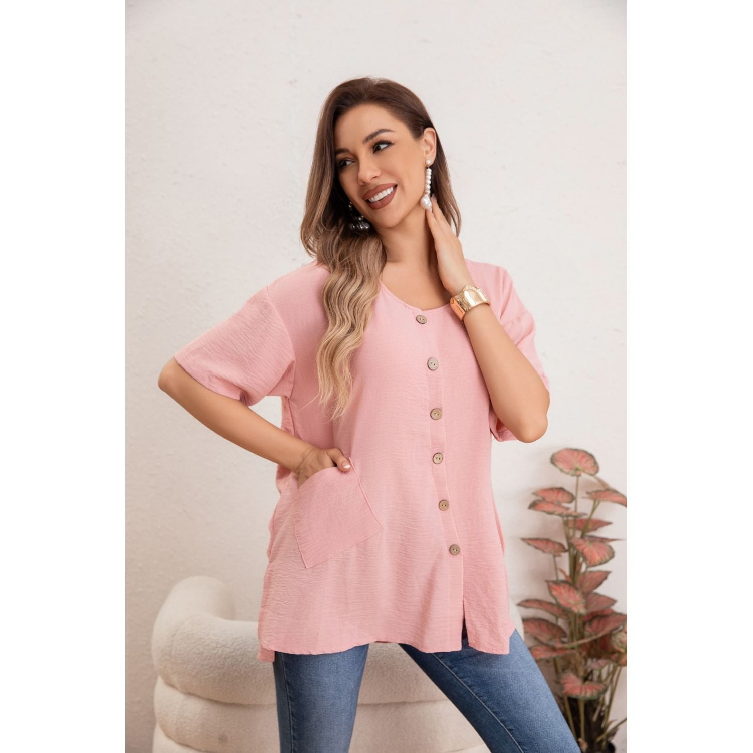 Likeshop - Blusa Mujer Manga Corta Algodón Botones Bolsillos 037