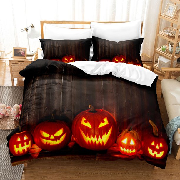 Halloween Pumpkin Series Three-Piece Home Textile Set Digital Printing 90G Brushed down Quilt Cover Pillowcase