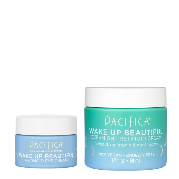 Set de crema retinoide para ojos y crema retinoides para toda la noche de Skincare Pacifica Beauty Wake Up Beautiful, 15 ml y 50 ml