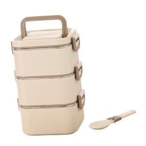 Magideal - Fiambrera Para Adultos, Caja Bento Para Microondas, Tapa Hermética, Congelador Reutilizable, Almacenamiento De Alimentos Portátil Para Picnic, Cocina, 3 Capas Beige