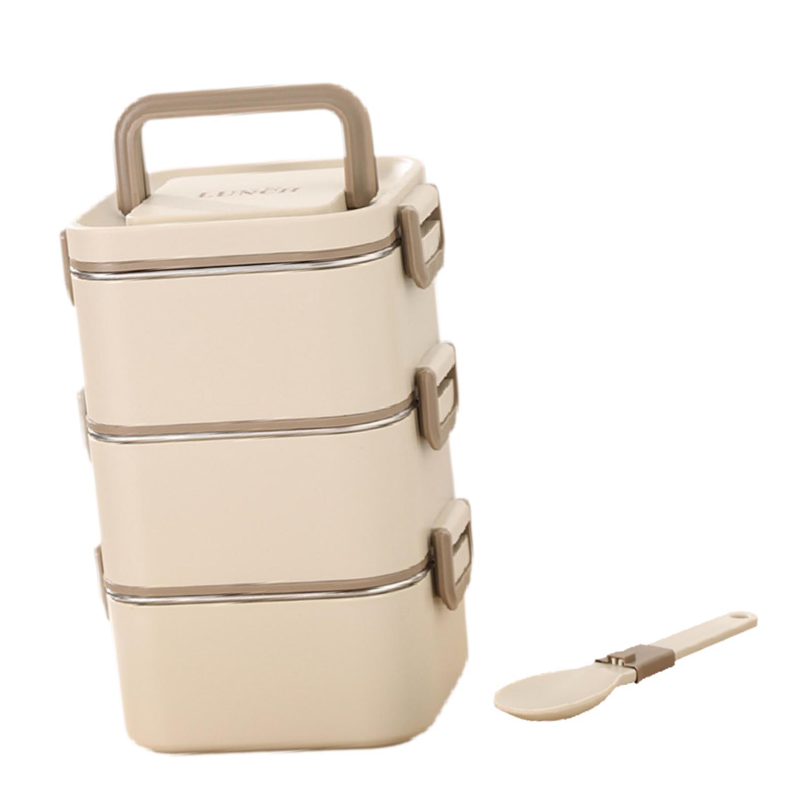 Magideal - Fiambrera Para Adultos, Caja Bento Para Microondas, Tapa Hermética, Congelador Reutilizable, Almacenamiento De Alimentos Portátil Para Picnic, Cocina, 3 Capas Beige