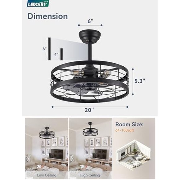 Ventilador de techo LEDIARY de 20 pulgadas con luz y control remoto