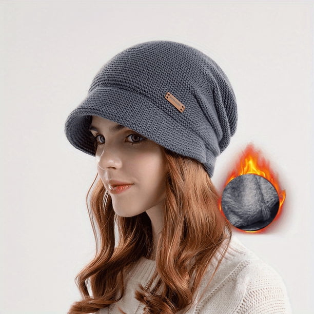 1PCS Winter Beanie Hats With Short Brim, Thermal Knitted Textured Fleece Ski Baggy Winter Hat Skiing Cycling For Women