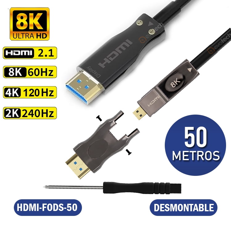Evotech - Cable Hdmi 2.1 Fibra Optica 8k Conector Desmontable 50 Metros
