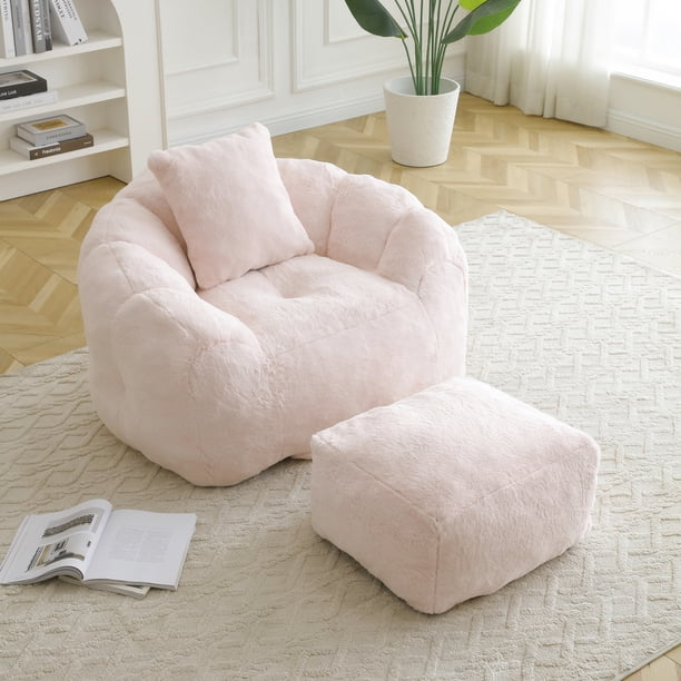 Giant Bean Bag Chair withFootstool, Oversized Bean Bag for Adults and Kids, Faux Fur Shell-Shaped Large Chair with Filler, Stuffed Big Accent Sofa, Floor Sofa for Gaming,Reading Living Room Bedroom