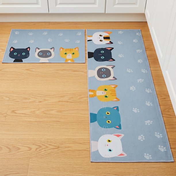 REGALWOVEN Alfombras y Tapetes de Cocina Juego de 2 Piezas, Alfombra de Cocina Lavable Antideslizante, Alfombra de Piso con Estampado Floral Azul Claro 24" × 16"+ 47" × 16"