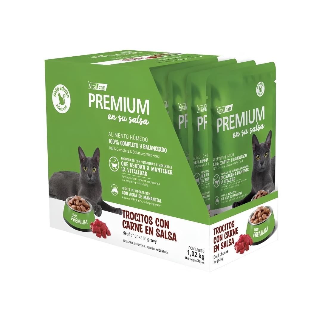 Sachet Vitalcan Premium Gatos Adultos Trocitos Carne 12 Un.