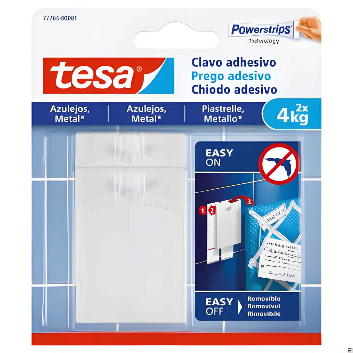 Clavos Adhesivos Powerstrips Azulejos / Vidrio / Metal 4Kg 2 Un. Removibles - Tesa