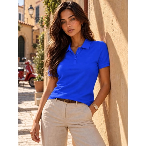 Polera Pique/polo De Mujer Manga Corta 240g Basica 60/40 Azul Rey L Lisa