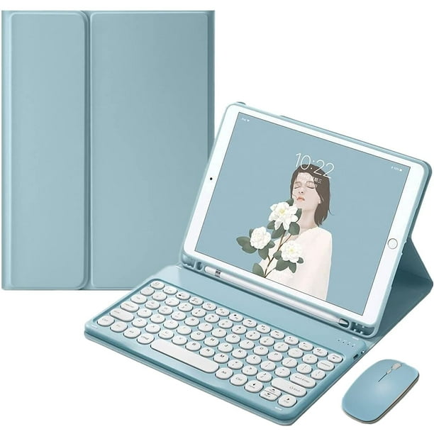 Funda con teclado para iPad 9 2021 de 10,2 pulgadas, iPad 8, iPad 7 Air 3 Pro de 10,5 pulgadas, con teclado y ratón de colores, teclas redondas retro bonitas, teclado desmontable en colores caramelo,