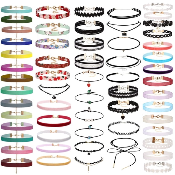 Collar K&Q Set de 60 Gargantillas de Terciopelo y Encaje Coloridos
