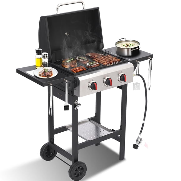 Parrilla a gas Cookit de 3 quemadores, 30,000 BTU, rejilla de hierro fundido