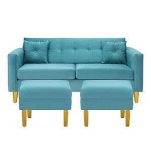 Bodevir - Sofa New Retro 3C + 2 Pouf Felpa 01 Turquesa