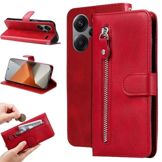 Funda con Cremallera para Xiaomi Redmi Note 13 Pro Plus 5G, Carcasa Cartera de Cuero PU con Soporte y Tarjetero