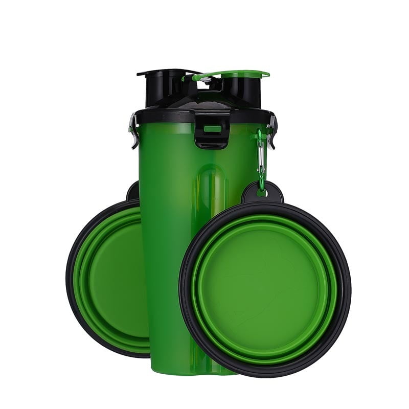Winpet - Botella 2×1 Para Agua Y Comida + 2 Platos Plegables Para Perros - Verde