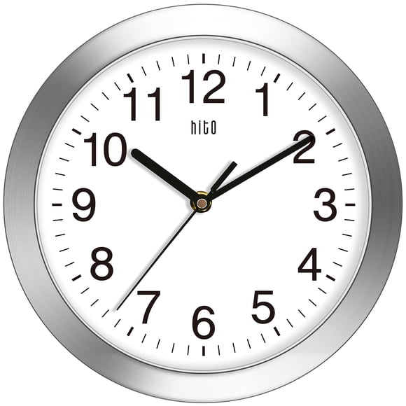 Reloj de pared HITO Silent con tapa de cristal de 10 pulgadas y aluminio plateado