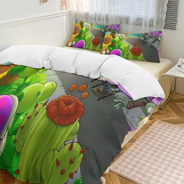 Plants Vs Zombies Quilt Set Thicken Soft 3 Pieces Bedding Set All Season Duvet Cove with 2 Pillowcases for Adult Women Girls Teens Home Room Decor