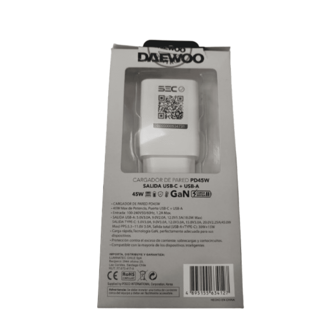 Daewoo - Cargador Usb Pd45w Di-pd452-eu Salida Usb-c + Usb-a