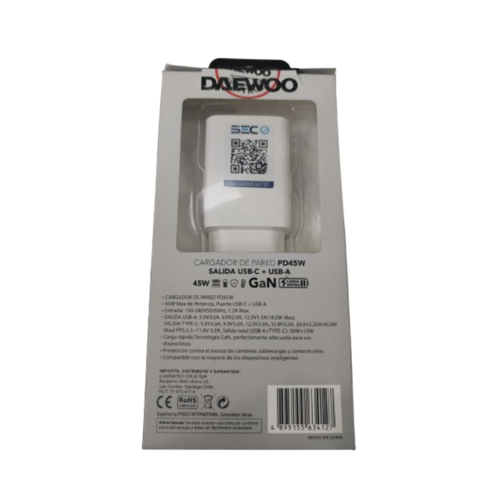 Daewoo - Cargador Usb Pd45W Di-Pd452-Eu Salida Usb-C + Usb-A