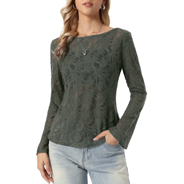 INSPIRE CHIC Blusa Jacquard para Mujer Cuello Barco Manga Larga Otoño Top de Punto Transparente XL Verde Oscuro