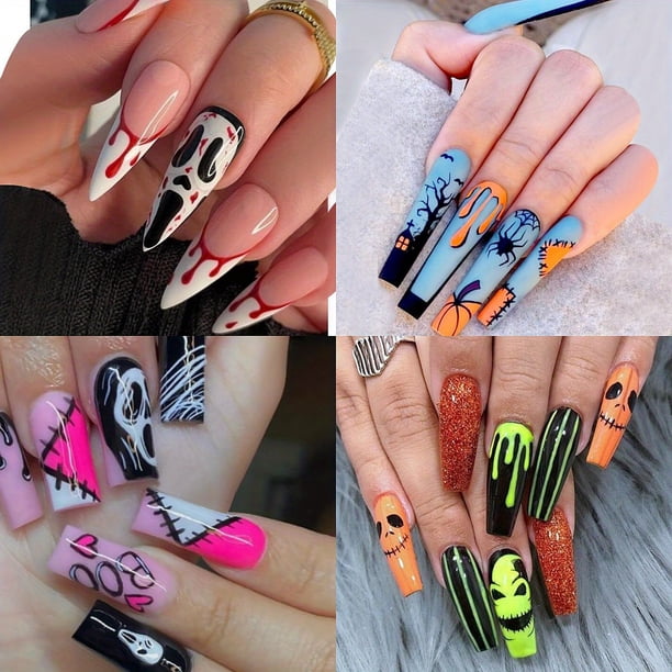 4 Packs (96 Pcs) Press On Nails, Halloween Horror Grimace Blood Drop With Design, Mixed Fake Nails Long Almond/Coffin Glue On Nails Set With Adhesive Tabs Nails File For Women
