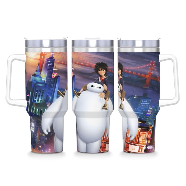 Baymax: Grandes Héroes Vaso aislado de acero inoxidable con asa, diseño temático, regalo para familia, amigos y fans; incluye pajita y encaja en el portavasos estándar, 40 oz