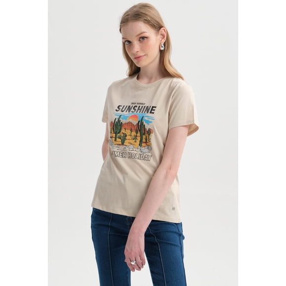 Polera Mujer Básica Print Beige Claro
