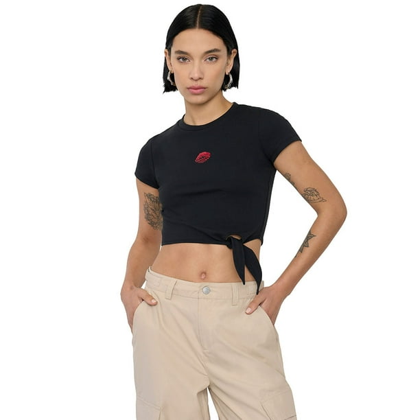 Polera Mujer Manga Corta Nudo Negro Corona