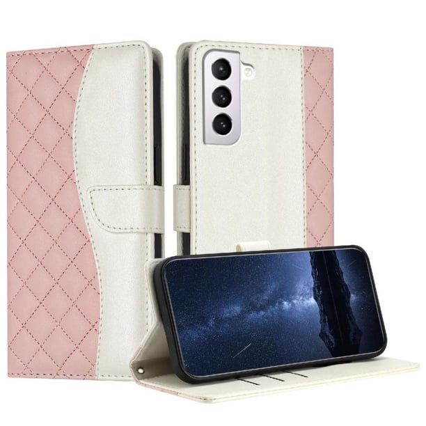 Funda Tipo Cartera Acolchada para Samsung Galaxy S21 con Bloqueo RFID Ranuras y Correa Rosa