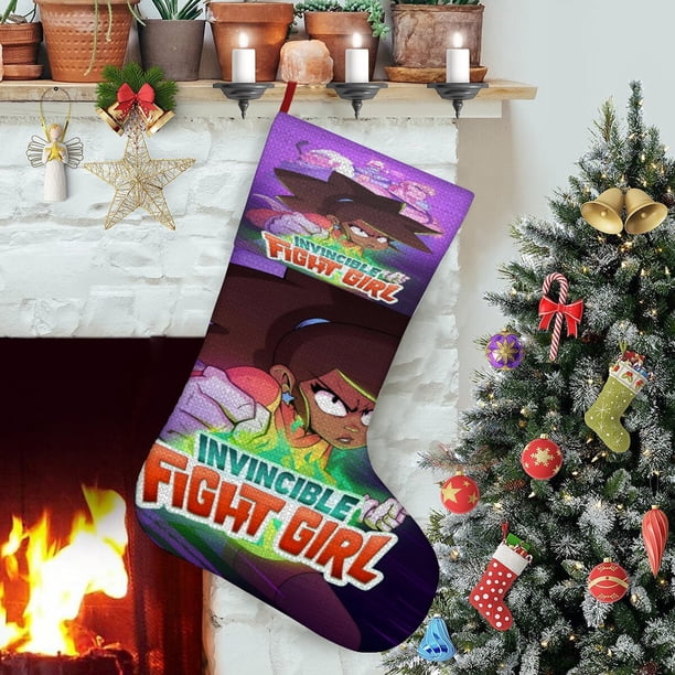 Invincible Fight Girl Tema: Calcetines de Navidad, fino lino blanco para colgar en escaleras y chimenea, decoración navideña para el hogar, regalo de Navidad.54cm×38cm