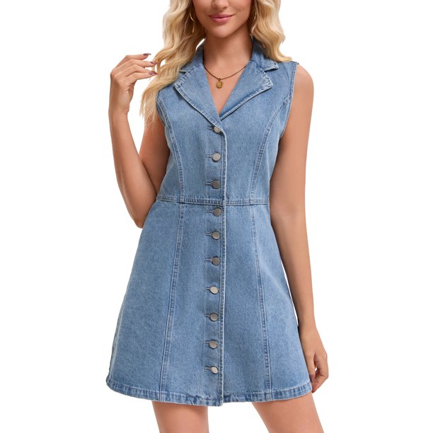 Vestido Mini de Mezclilla sin Mangas con Botones y Cuello en V de Verano para Mujeres INSPIRE CHIC L Azul Claro