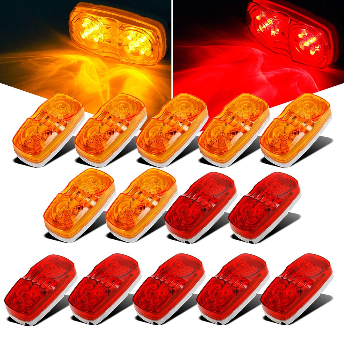 Xusx111 - 14x Marcador De Remolque Rv Led Luz Doble Bullseye 10 Diodos Luz De Despacho Rojo / Ámbar, Doble Burbuja 12v Rectangular Led Marcador Lateral Luz Superficie Montaje Camión De Campamento