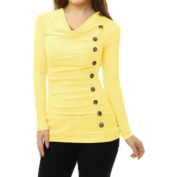 INSPIRE CHIC Top de Mujer con Cuello Alto, Manga Larga, Decoración de Botones, Frente Fruncido, Ajuste Regular, Pulóver Talla L Amarillo Claro