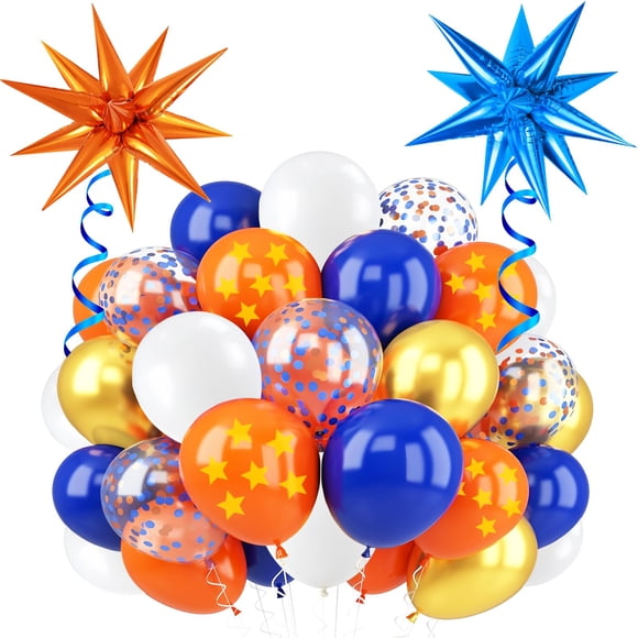 Globos De Fiesta Azules Naranjas Y Dorados 64 Piezas Tema De Caricaturas 30 Cm