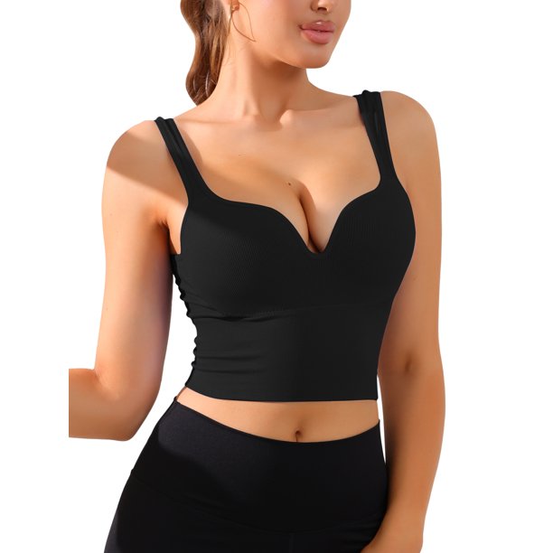 INSPIRE CHIC Sujetador de Mujer Regreso a Clases Sin Aros Copa Integrada Camiseta Deportiva Push-Up Acanalada Ropa Interior Larga Negra 2XL