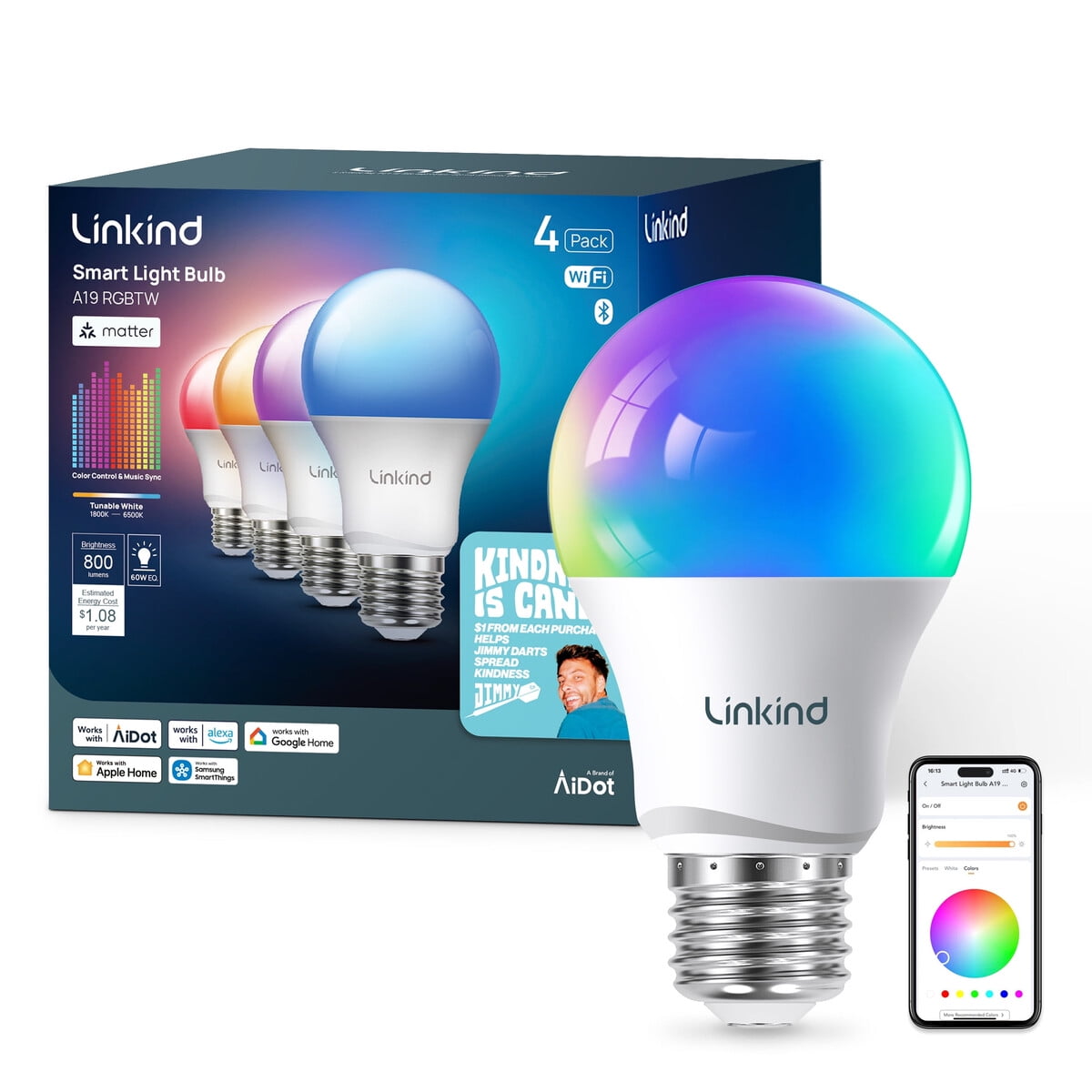 Ampolleta Led Linkind A19 Smart Wifi Rgb E26 9w Pack 4