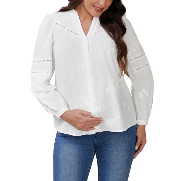 INSPIRE CHIC Camisas de Maternidad para Mujer con Botones, Manga Larga, Algodón Jacquard, Blusa Semitransparente para Embarazo, Oficina, Talla 2XL, Blanco