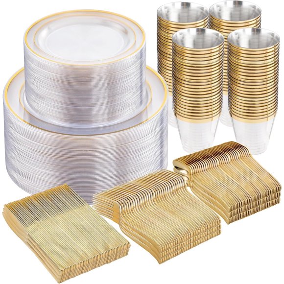WELLIFE Clear Plates with Gold Trim, 600-Piece Plastic Dinnerware Set