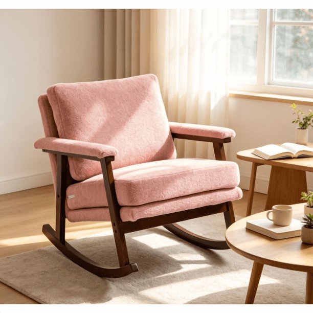 Silla de acento moderno de mediados del siglo, silla basculante con marco de madera maciza, sillas de salón tapizadas