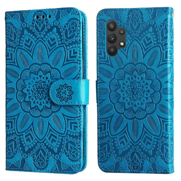 Funda tipo cartera FOXDOCK para Samsung Galaxy A32 5G , diseño girasol en relieve, cuero PU, cierre magnético, soporte y tarjetero