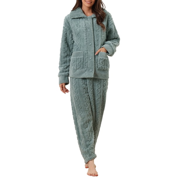 INSPIRE CHIC Conjunto de Pijama de Felpa Esponjosa para Mujer Cómodo con Manga Larga, Botones, Bolsillos y Cintura Elástica XL Gris Azul