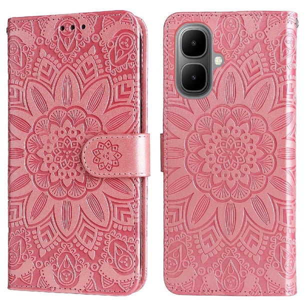 Funda tipo cartera FOXDOCK para Infinix Smart 10 4G , diseño girasol en relieve, cuero PU, cierre magnético, soporte y tarjetero