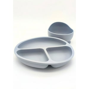 Pios - Pack Plato Y Pote Anti-Deslizante Para Niños Gris Azulado