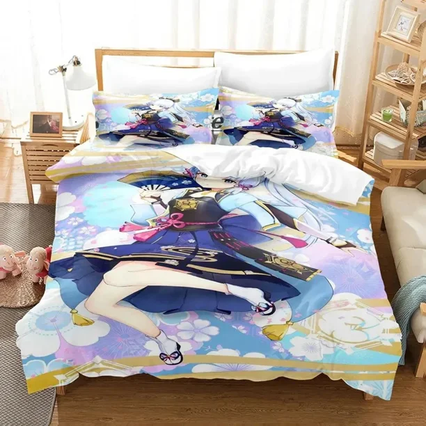v2851 Bed Sheets Game Genshin Impact Kamisato Ayaka Bedding Set Duvet Cover Bed Set Quilt Cover Pillowcase Comforter king Queen Size Boys Adult 3-Piece Bedding Set (1 Duvet Cover + 2 Pillow Shams) Bed